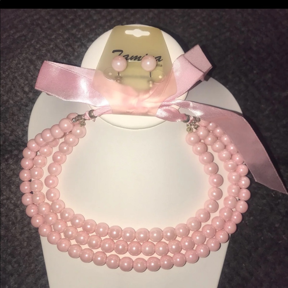 New 3 Strands of Pink Beads on Ribbon Necklace Set